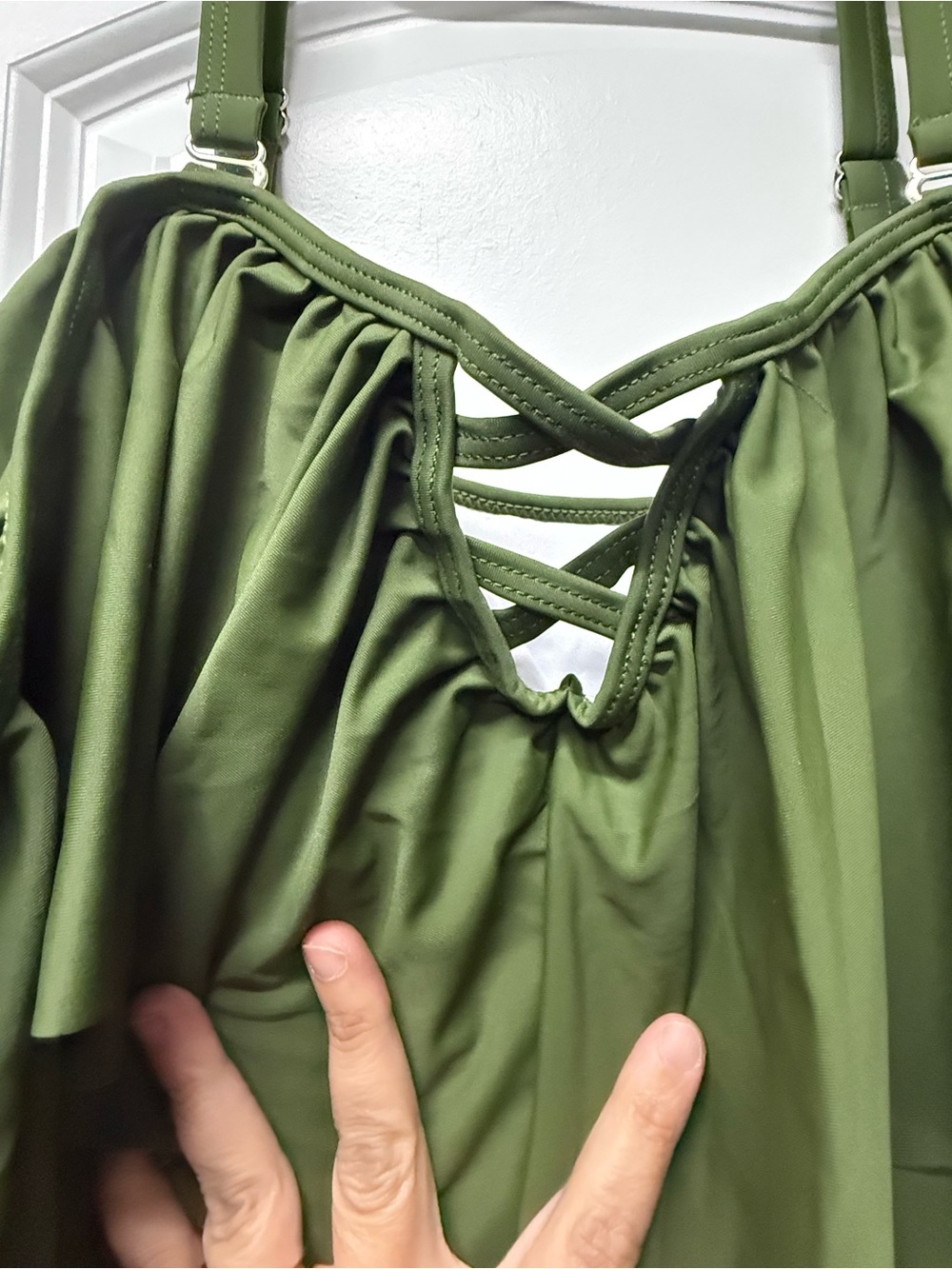 NWT Olive Green Ruffle One Piece Swimsuit Off Shoulder Strappy Back - Picture 4 of 8